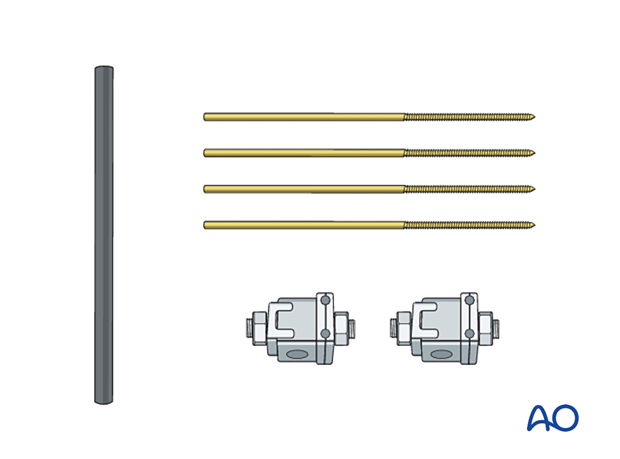 Rod, rod-to-wire clamps, and four K-wires for external fixation of diaphyseal wedge or multifragmentary fractures.