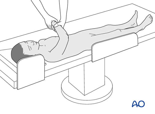 Supine position with arm over the chest